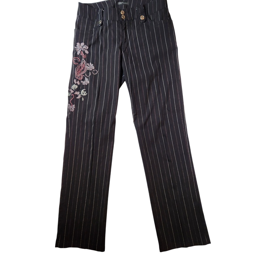 Point Zero Nicole Benisti Pinstripe Embroidered Floral Pants Black Size 10 y2k